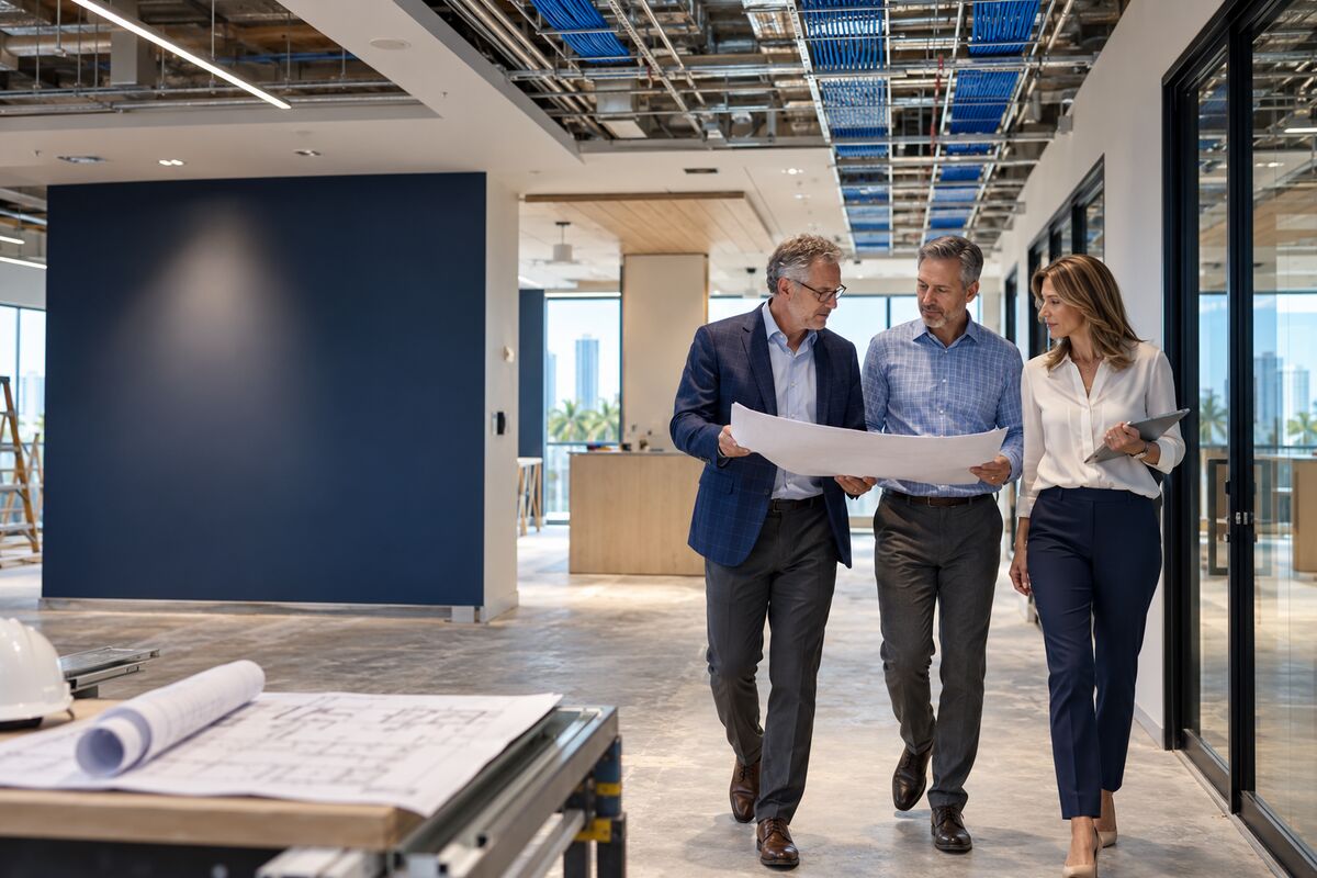 Business and infrastructure leaders reviewing plans inside a commercial property under redevelopment