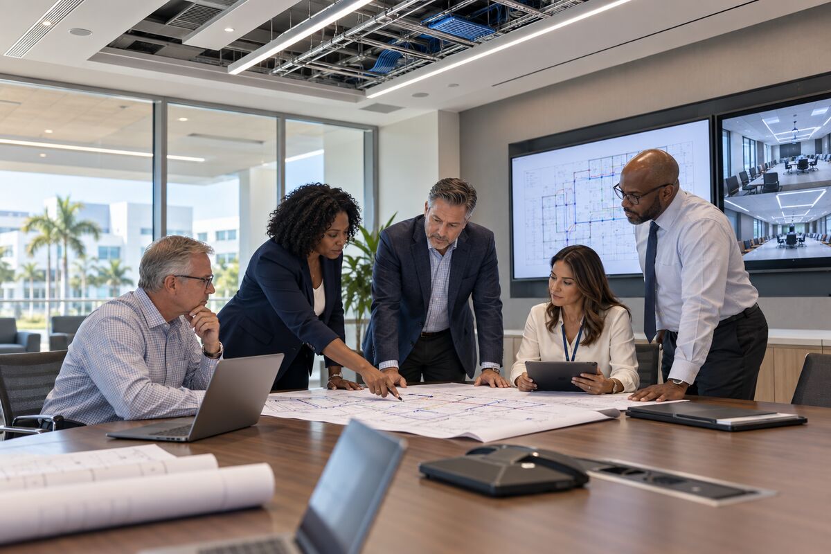Healthcare facilities and technology team reviewing infrastructure plans in a conference room