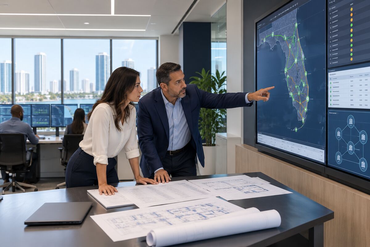 Advisors reviewing a map and network locations for a multi-site connectivity project