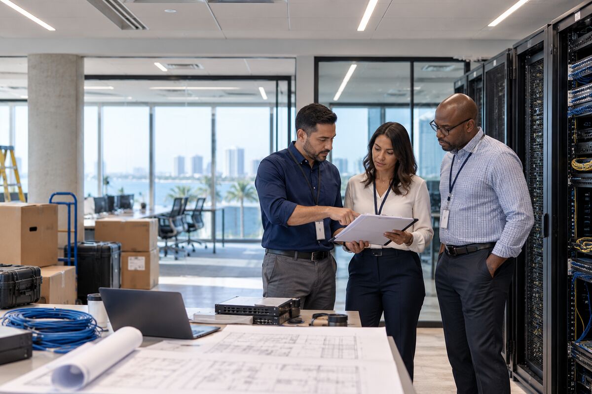 Technology team planning an office relocation beside network racks and equipment