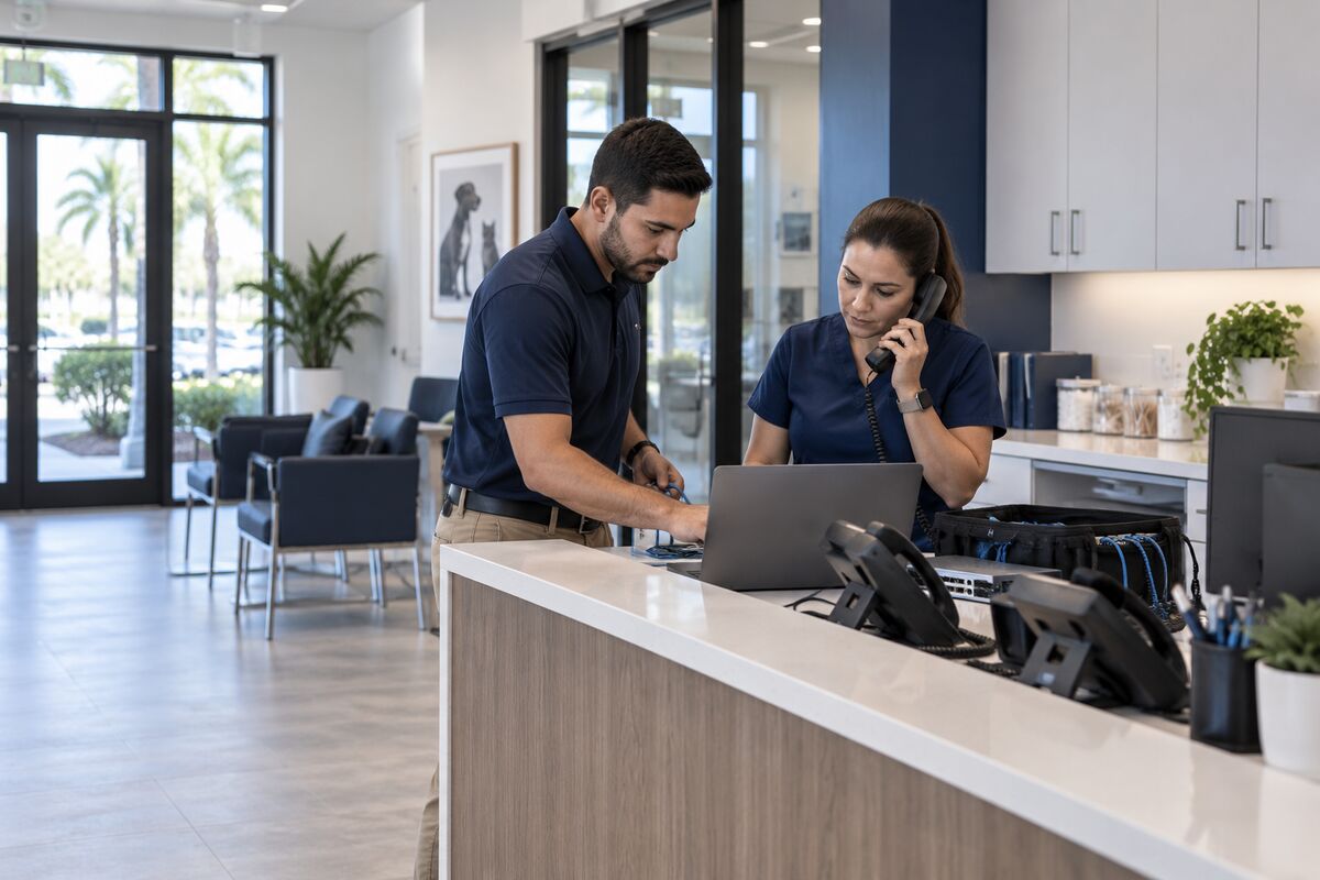 Technology technician and veterinary practice manager restoring business communications equipment